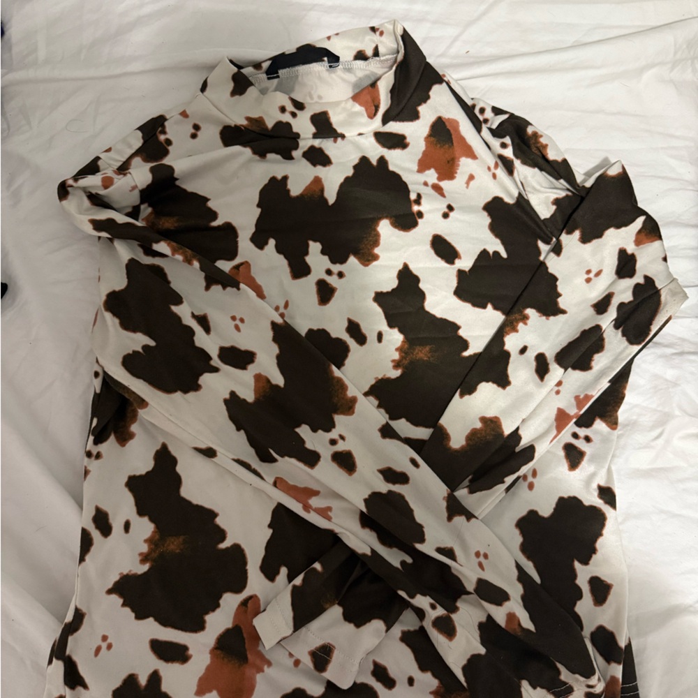 Brown and White Long Sleeve Cow Print Tee